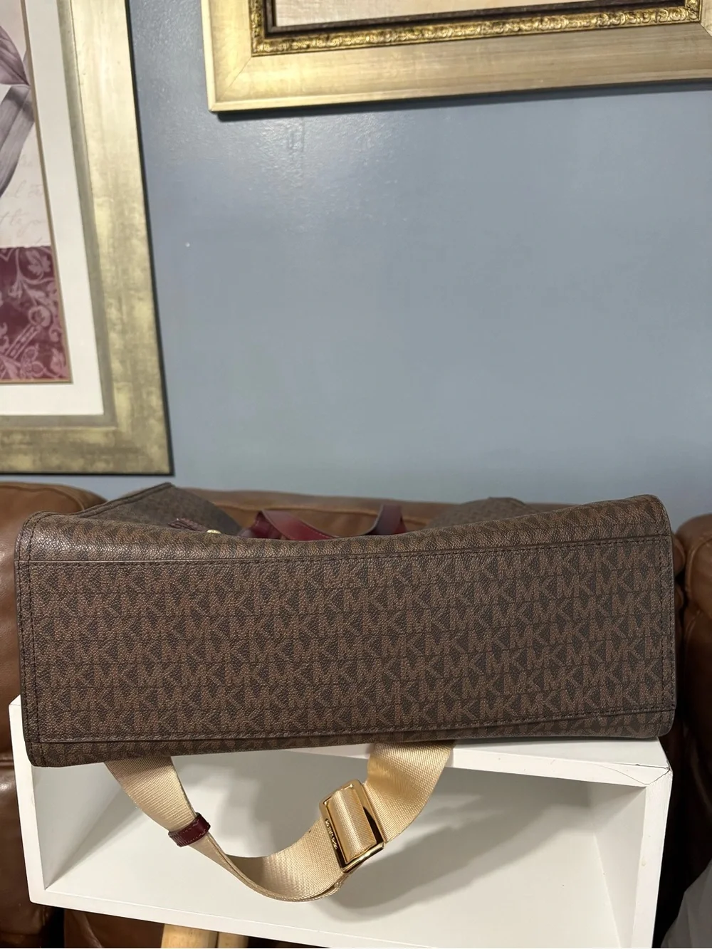 Michael Kors Brown MK Logo Tote with Burgundy Leather Trim